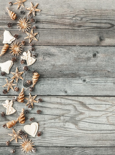 Zero waste Christmas flat lay with eco-friendly toys on a rustic wooden background