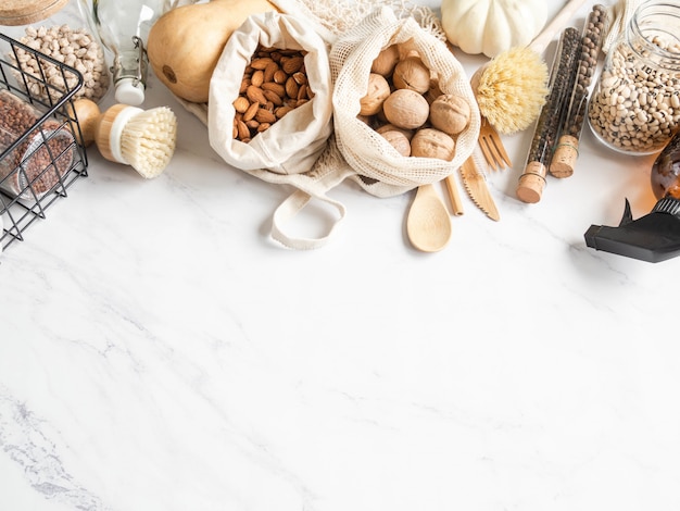 Zero waste concept. Flat lay eco-friendly kitchen set.