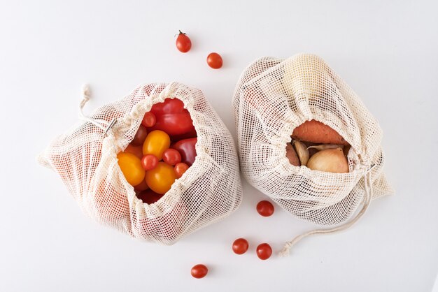 Zero waste concept. Fresh organic vegetables in textile bag