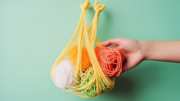 Zero waste concept String bag in a female hand with products from the supermarket Generative Ai