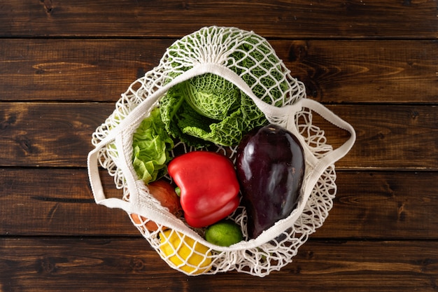 Zero waste concept. Vegetables in a net bag