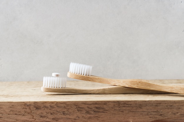 Zero waste concept. Wooden ecological bathroom accessories on white background