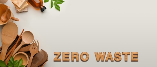 zero waste concept, wooden kitchenware and copy space on white background, creative  scene
