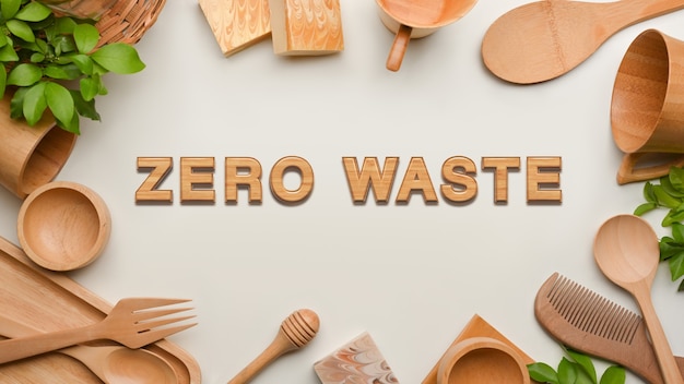 Zero waste concept, wooden kitchenware and copy space on white background