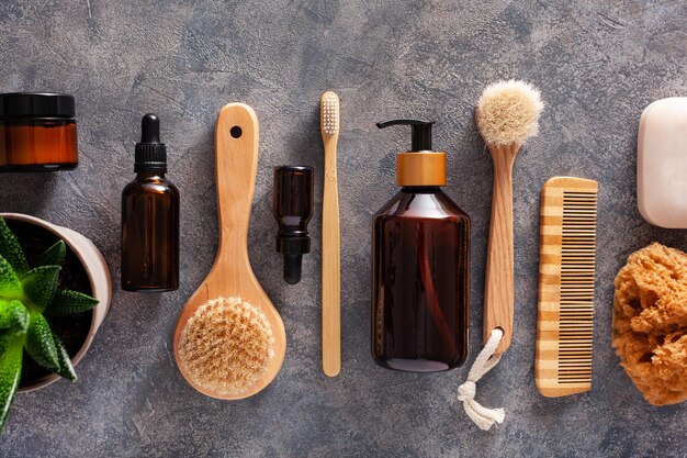Photo zero waste eco friendly hygiene bathroom concept wooden toothbrush soap brush cosmetic