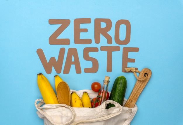 Zero waste inscription on a blue background. environmental movement to reduce plastic waste