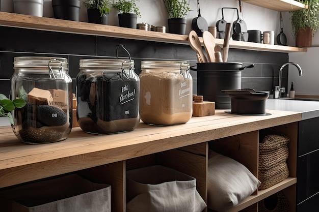 Zero waste kitchen with compost bin and jars for recycling and reuse