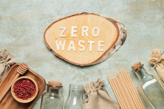 Photo zero waste lettering on wooden board