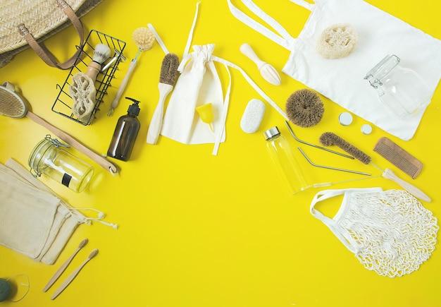 Zero waste lifestyle kit on yellow background