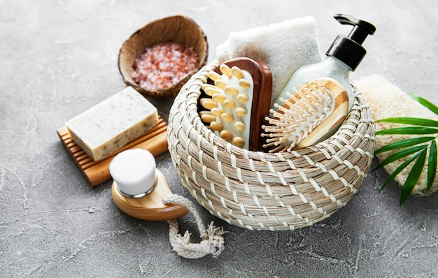 Zero waste natural cosmetics products on concrete table. Flat lay.