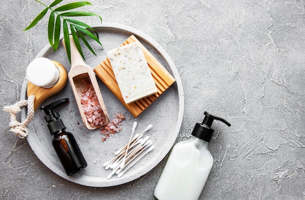 Zero waste natural cosmetics products on concrete.