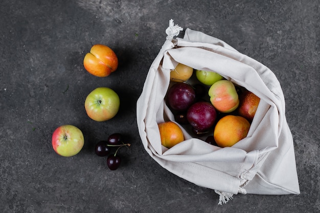Zero waste, plastic free recycled textile produce bag for carrying fruit (apple, pear, plum, cherry)
