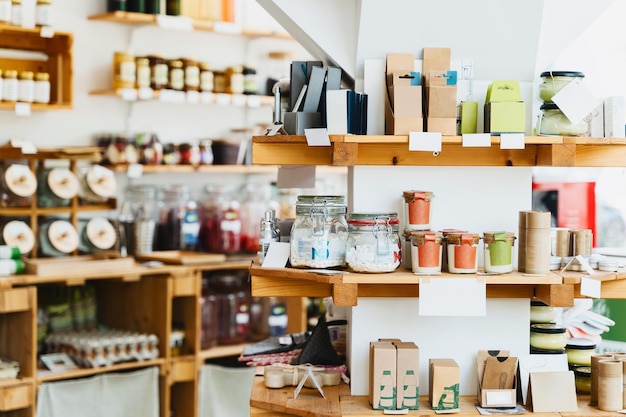 Zero waste shop interior Wooden shelves with varieties of cosmetic products