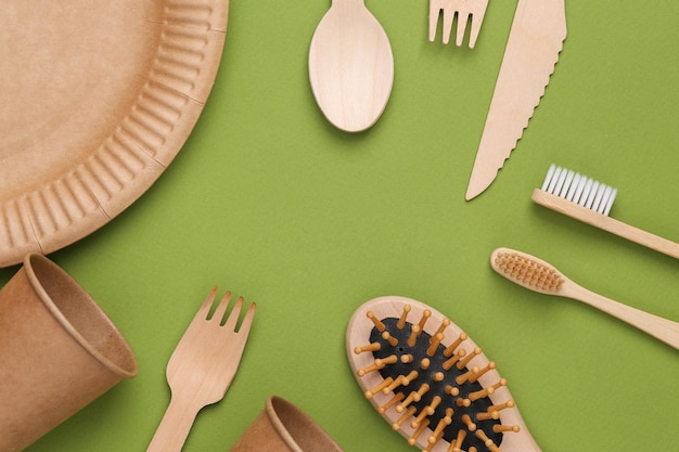 Zero waste simple creative concept Trendy wooden eco things Top view Flat lay