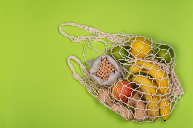 Zero waste string bag with fresh fruits