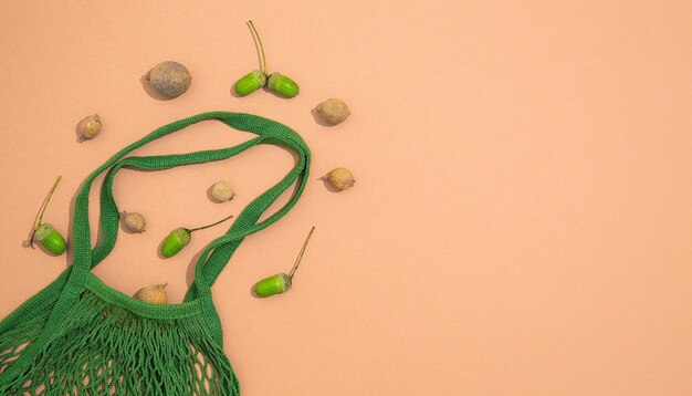 Zero waste stylish banner Eco bags organic acorns Eco friendly and reuse concept Top view flay lay