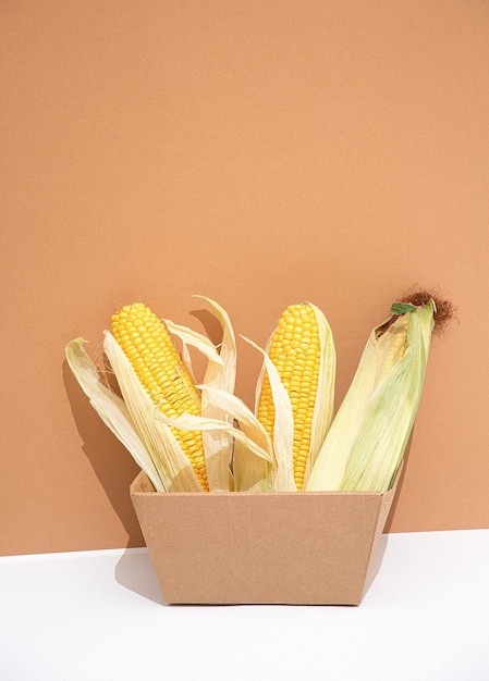 Стильная минималистская сцена без отходов Органическая кукуруза в эко-коробке на бумажном фоне