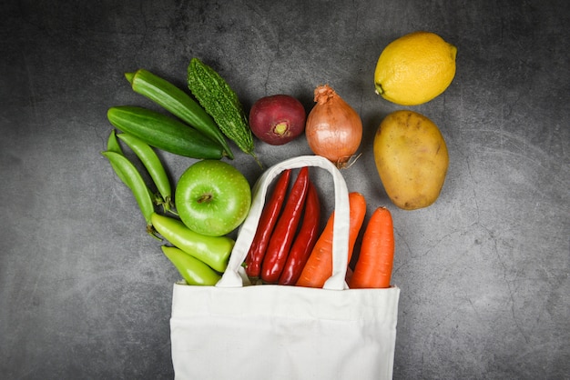 Zero waste use less plastic concept - Fresh vegetables and fruit organic in eco cotton fabric bags on table tote canvas cloth bag from market free plastic shopping