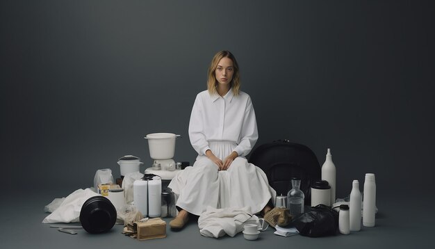 Photo zero waste woman minimalistic style used things renewed