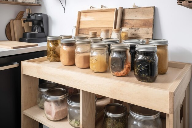 Zerowaste kitchen with composting bin and jars for storing leftovers created with generative ai