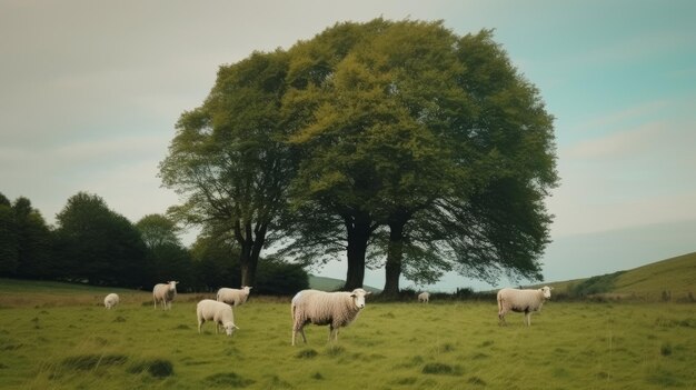 Zes bomen staan hoog achter de kleine witte schapen die AI heeft gegenereerd.