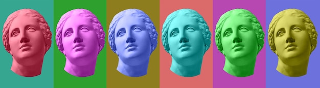 Zes kleurrijke gipskopie van oud standbeeld van Venus de Milo hoofd voor kunstenaars geïsoleerd op een veelkleurige achtergrond. Gipsbeeldhouwwerk van vrouwengezicht. Zin kunst.