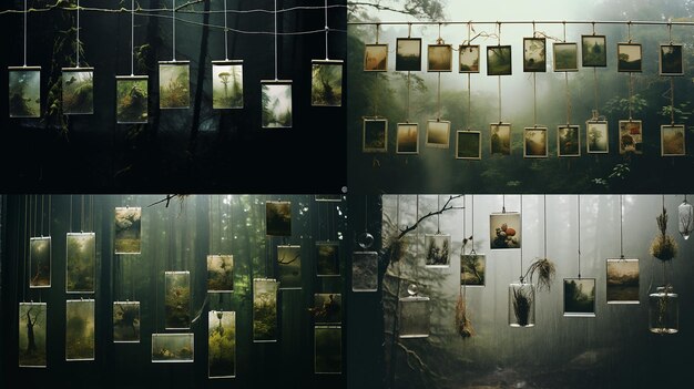 Zes polaroids hangen in de ruimte.