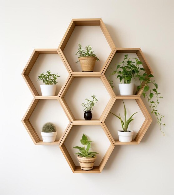 zeshoek houten plank minimale Japanse stijl interieur verschillende planten