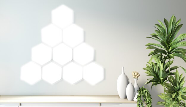 Zeshoek tegel lamp op muur en houten kast minimaal ontwerp op moderne zen kamer Japanse stijl