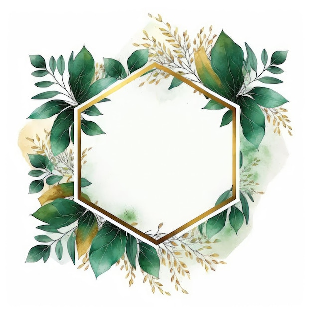 Zeshoekig frame van groene en gouden bladeren met aquarel