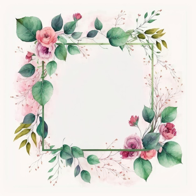 Zeshoekig frame van roze bloem en groene bladeren met aquarelverf