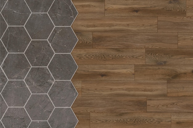 Foto zeshoekige tegels lopen uit in de houten vloer