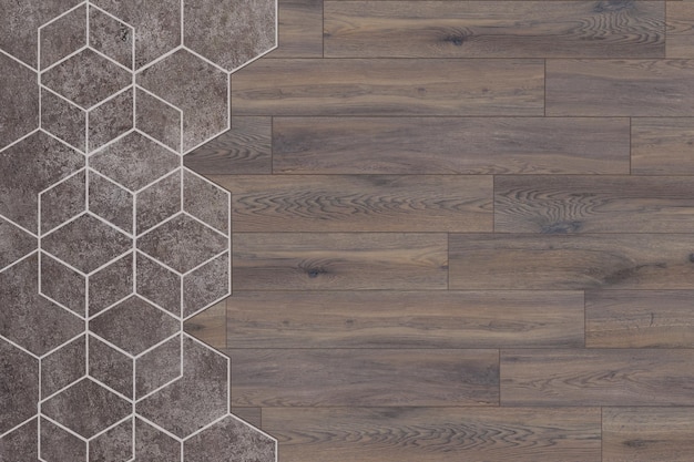 Foto zeshoekige tegels lopen uit in de houten vloer