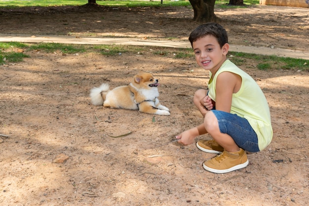 Zesjarige jongen zat gehurkt en naast een hondenras van Pommeren Lulu