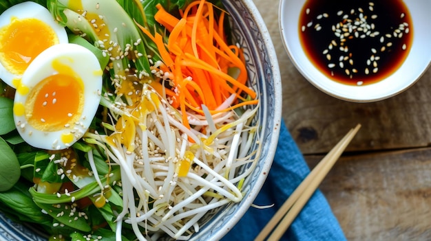 Zesty asian bean sprout salad with pok choi mango and carrots topped with chilli soy dressing an