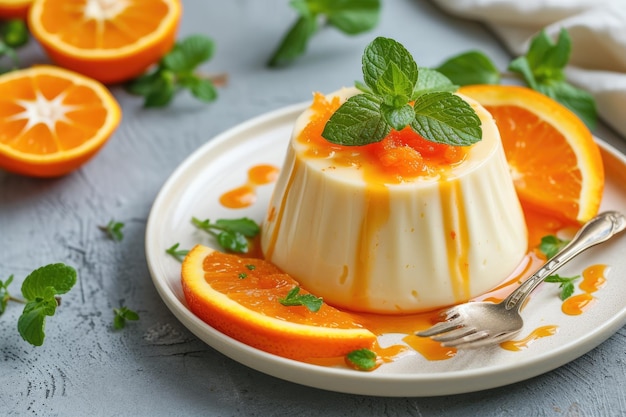 Foto panna cotta con salsa d'arancia piccante