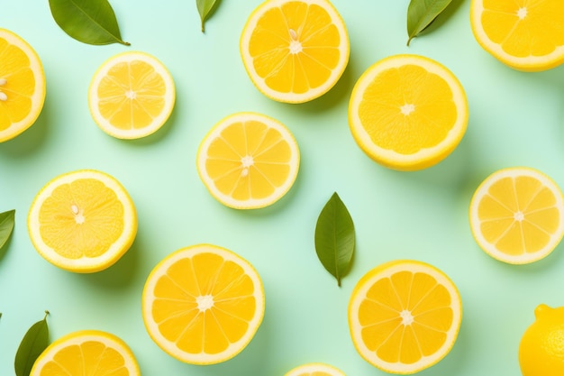 Zesty Harmony A Captivating Flat Lay of Whole and Sliced Lemons on Vibrant Color Background ar 32