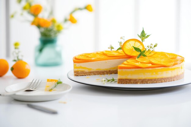 Zesty orange raw cake with slice removed