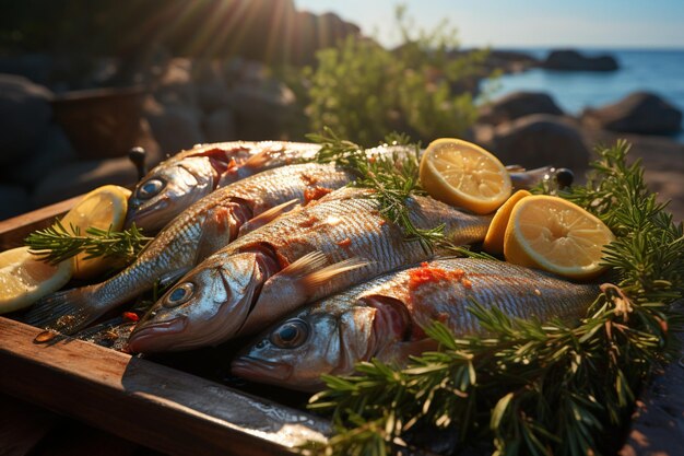 Пикантный морской лещ, смешанный с травами, на пляже в залитый солнцем полдень