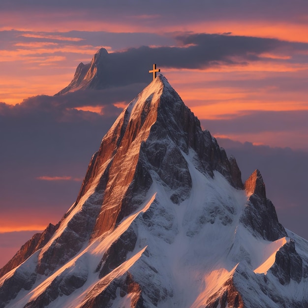 Zet een christelijk kruis op tegen een majestueuze zonsondergang, gegenereerd door AI