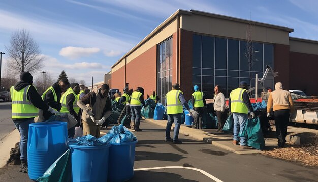 Foto zet een gemeenschapsdienst scène op die vrijwilligers toont die zich bezighouden met het opruimen van de buurt of helpen