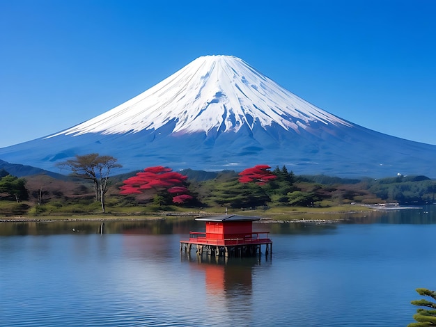 Zet fuji met meer kawaguchiko in yamanachi, japan op