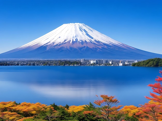 Zet fuji met meer kawaguchiko in yamanachi, japan op