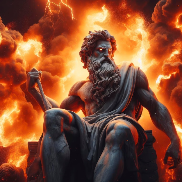 Foto zeus il dio del tuono in tempesta di fuoco statua in fuoco ai generativo