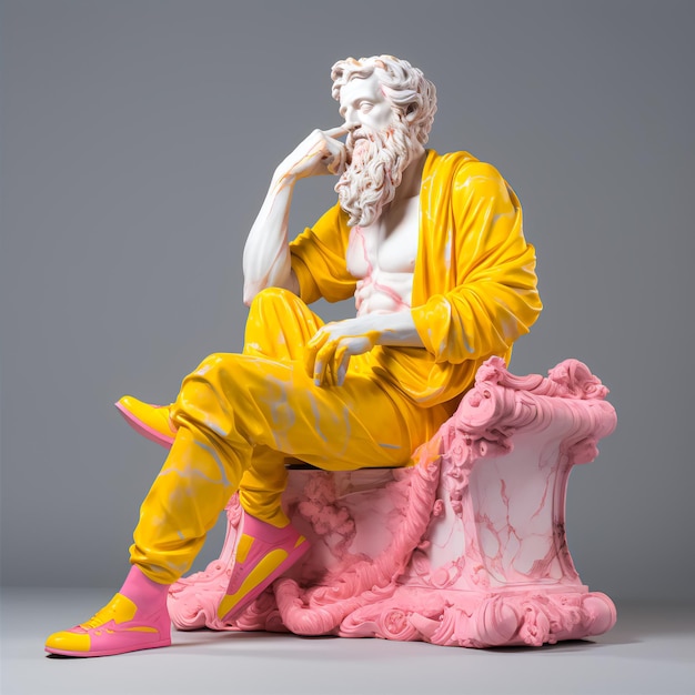 Zeus marble sculpture wearing yellow pink future outfit