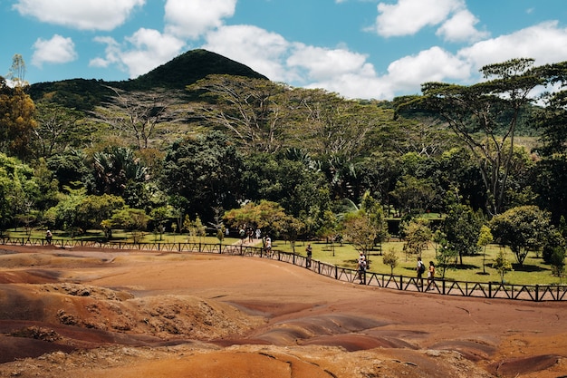 Zeven gekleurde aardes in Mauritius, natuurreservaat, Chamarel. Het groene bos ligt achter ons. Het eiland Mauritius