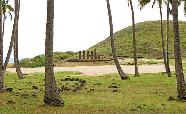 Zeven Moais van Ahu Nau Nau en Single Moai van Ahu Ature Huki op Anakena Beach op Paaseiland Chili