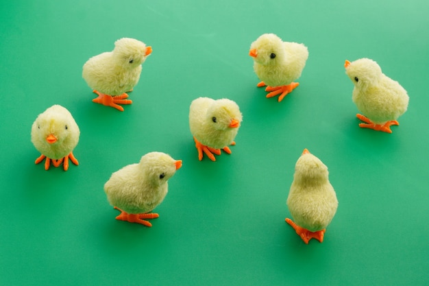 Zeven speelgoed gele kippen op een groene achtergrond.