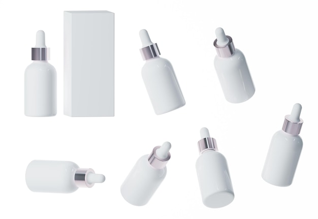 Zeven verschillende weergaven van glanzende witte plastic serumfles met dop 3D render cosmetische productverpakkingen geïsoleerd op een witte achtergrond