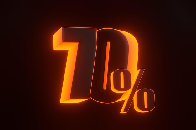 Zeventig procent teken met heldere gloeiende futuristische oranje neonlichten op zwarte achtergrond 3D-rendering